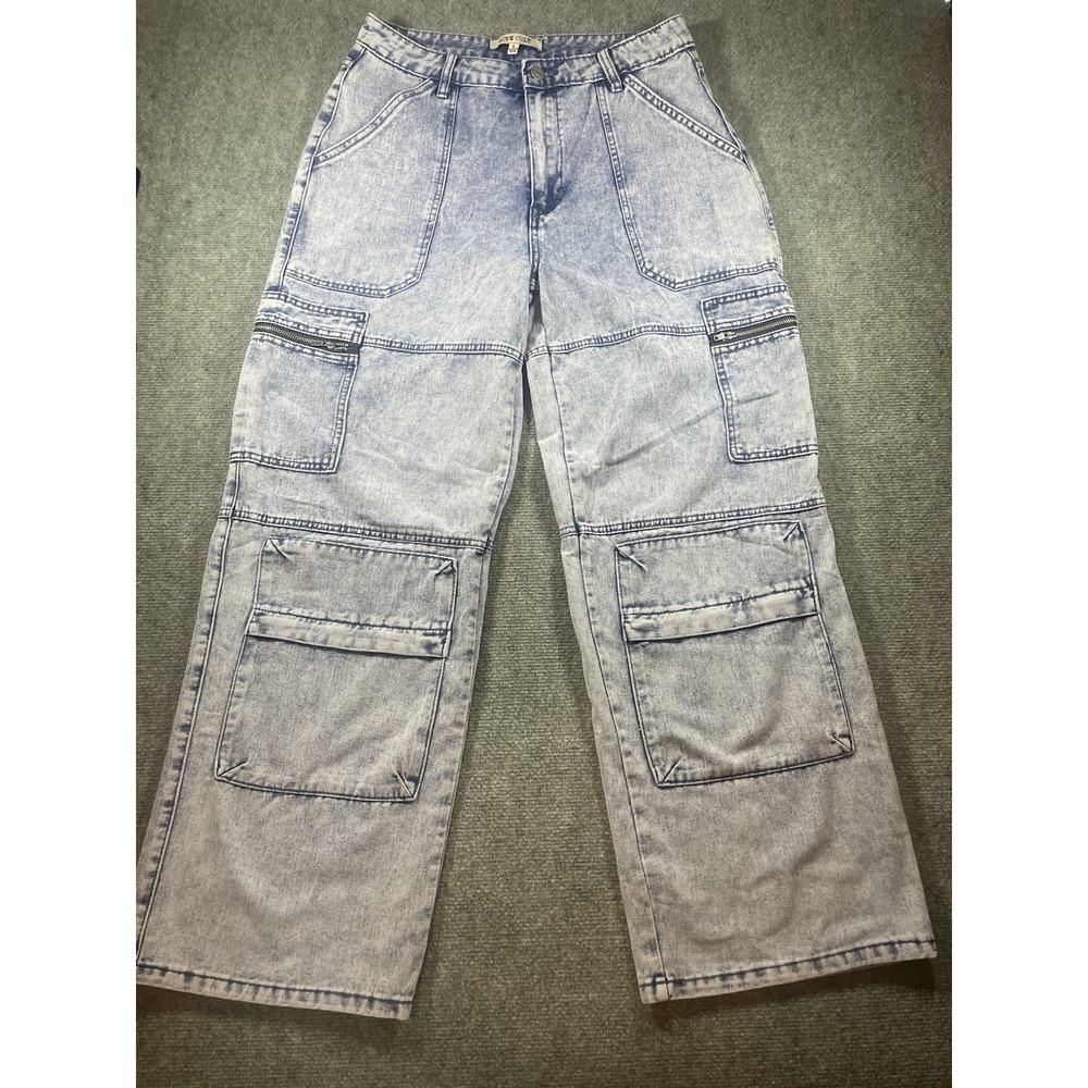 Love Cult light blue acid-wash wide-leg denim cargo pants L Y2K